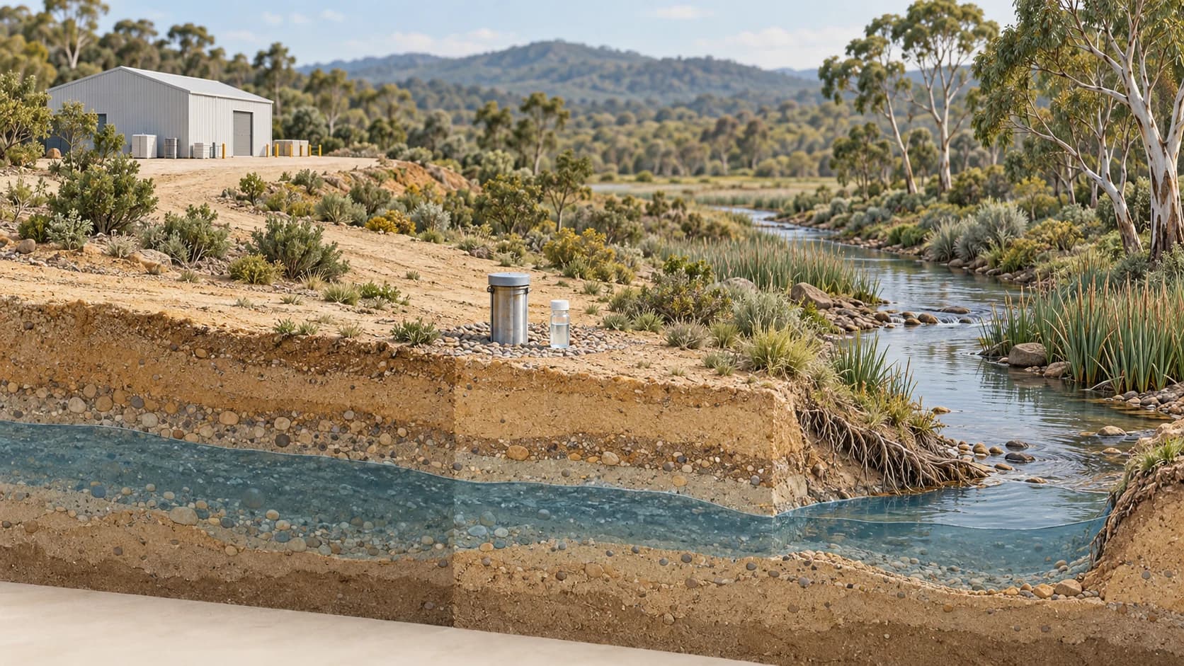 Conceptual terrain cutaway showing a groundwater monitoring point between industrial land and a creek.