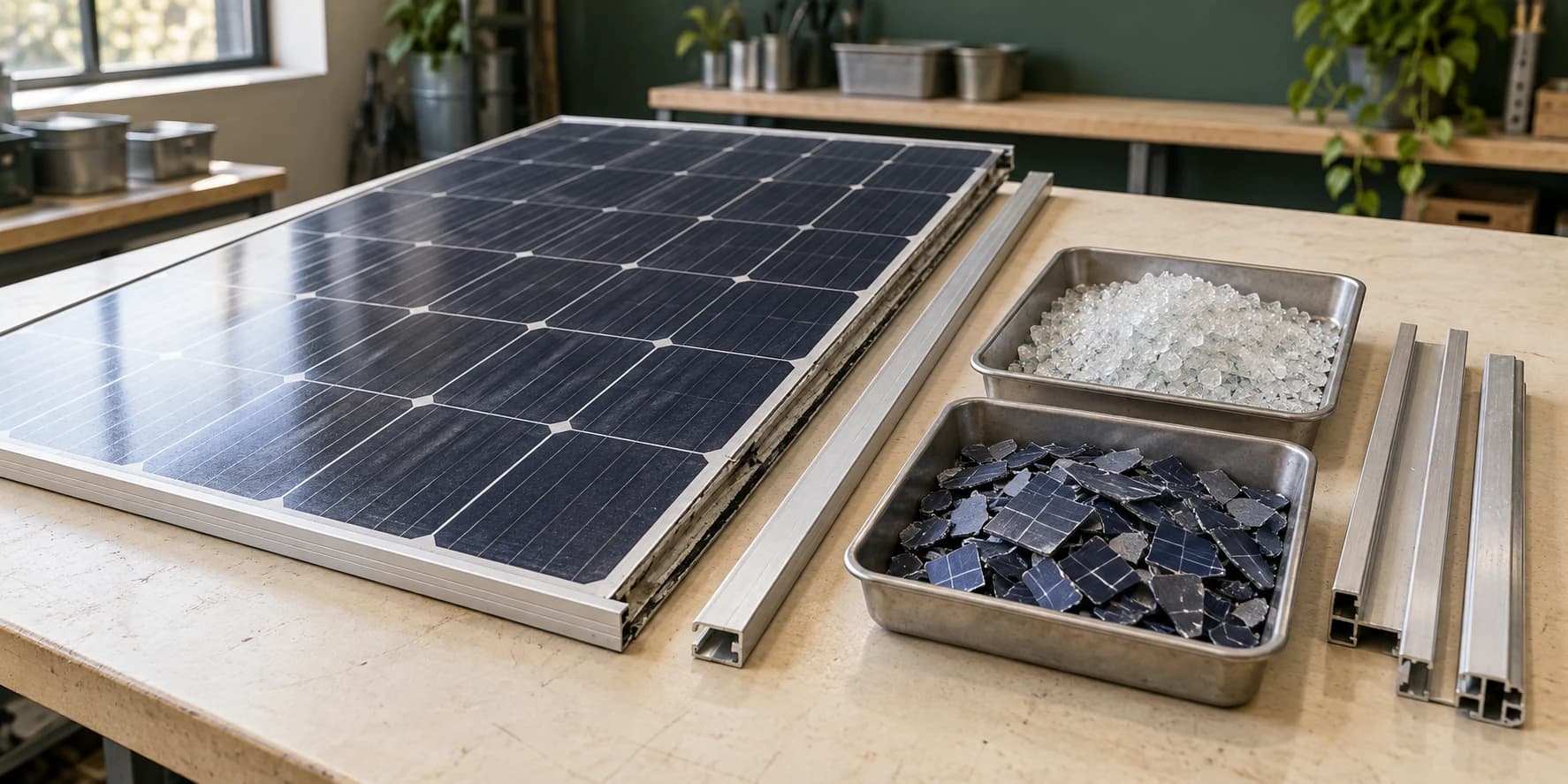 Conceptual solar-panel recycling scene showing a panel on a workbench beside neatly sorted glass, cell fragments and recovered aluminium.