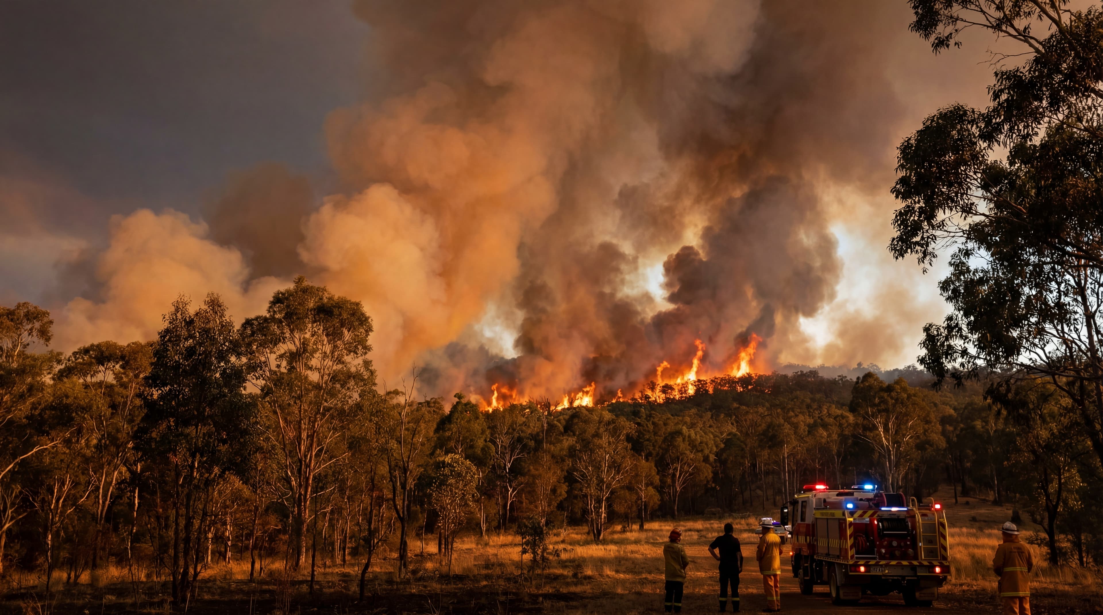 Australian bushfire with firefighters and emergency vehicle responding to massive flames