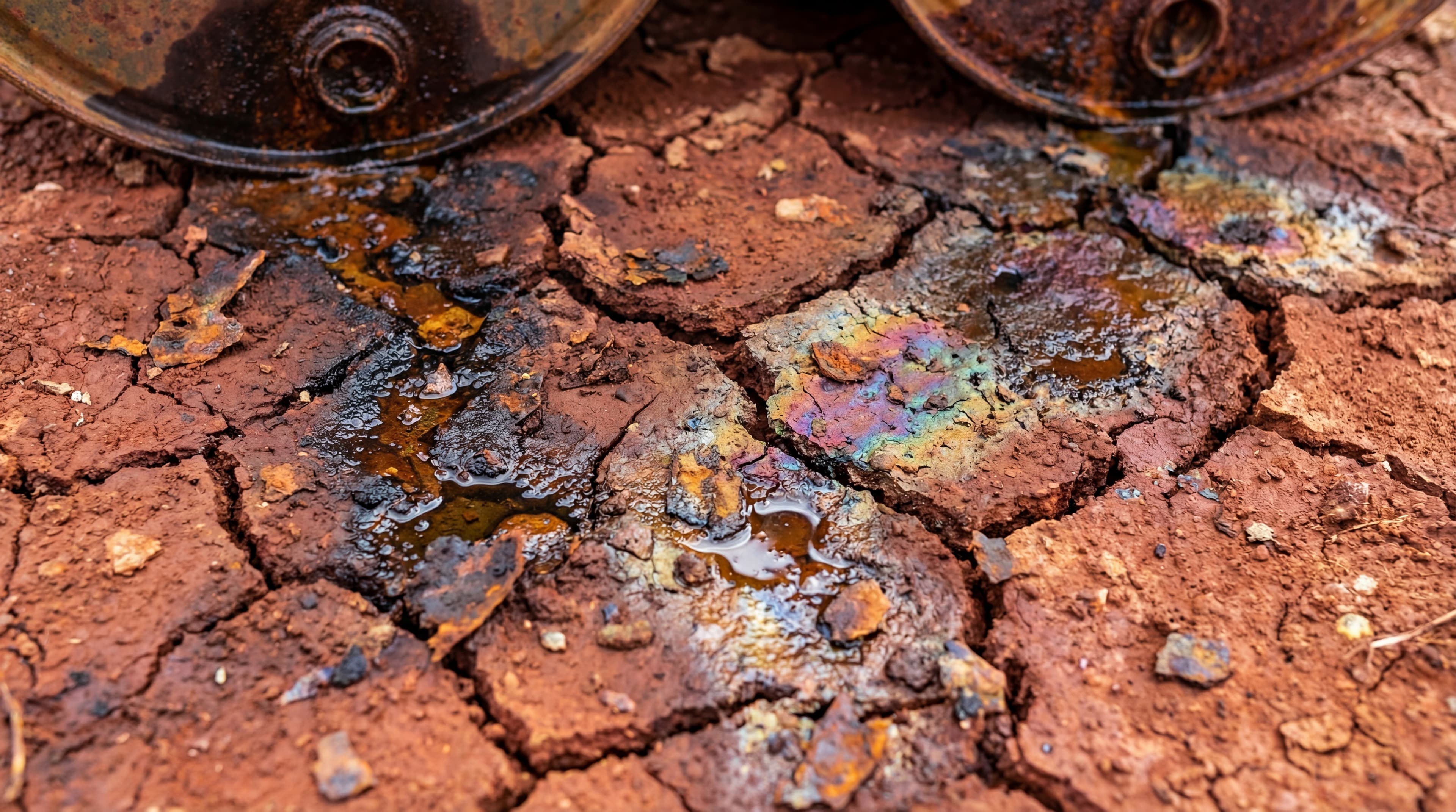 Cracked red earth with oil contamination and rusted barrels indicating ground contamination